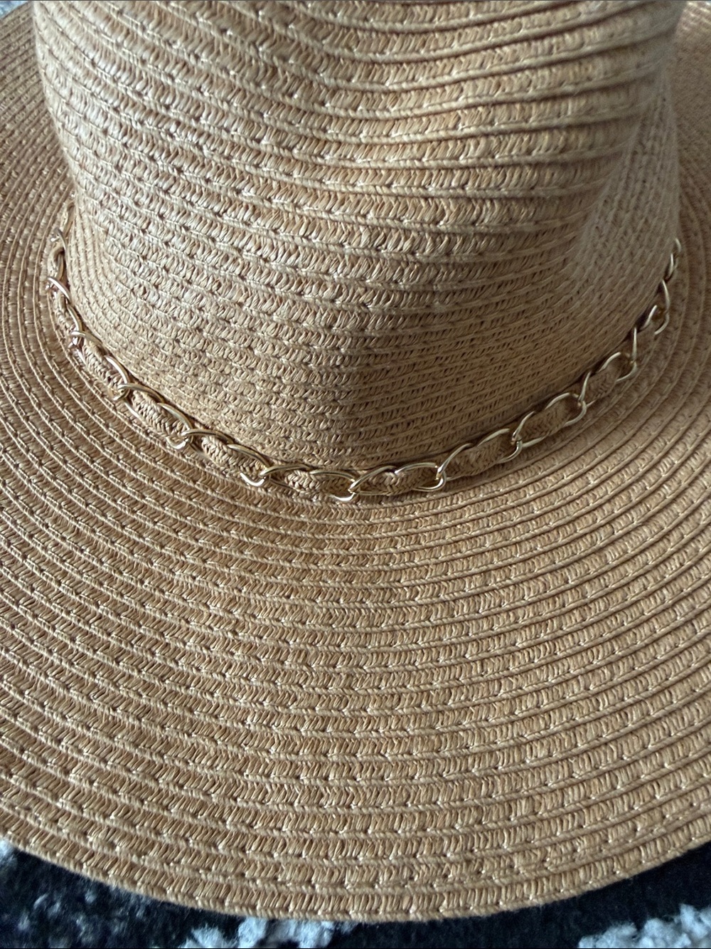 Wide-Brim Straw Sun Hat with Gold Chain - Tan - Picture 2 of 3